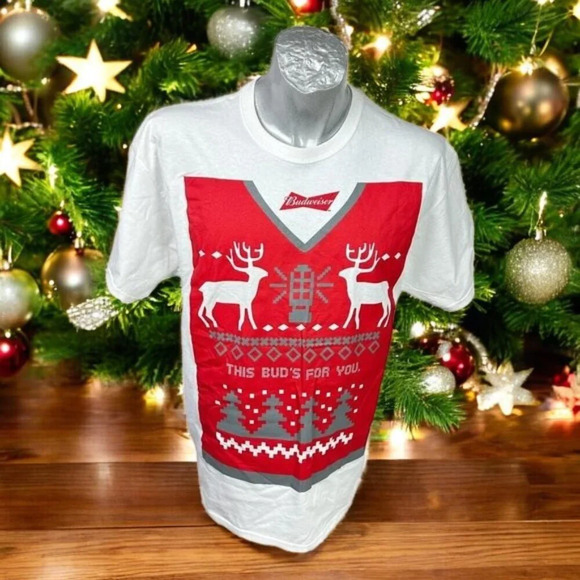 Christmas Budweiser Beer  T-Shirt Mens Shirt Size L White w Red Print New - Picture 7 of 7